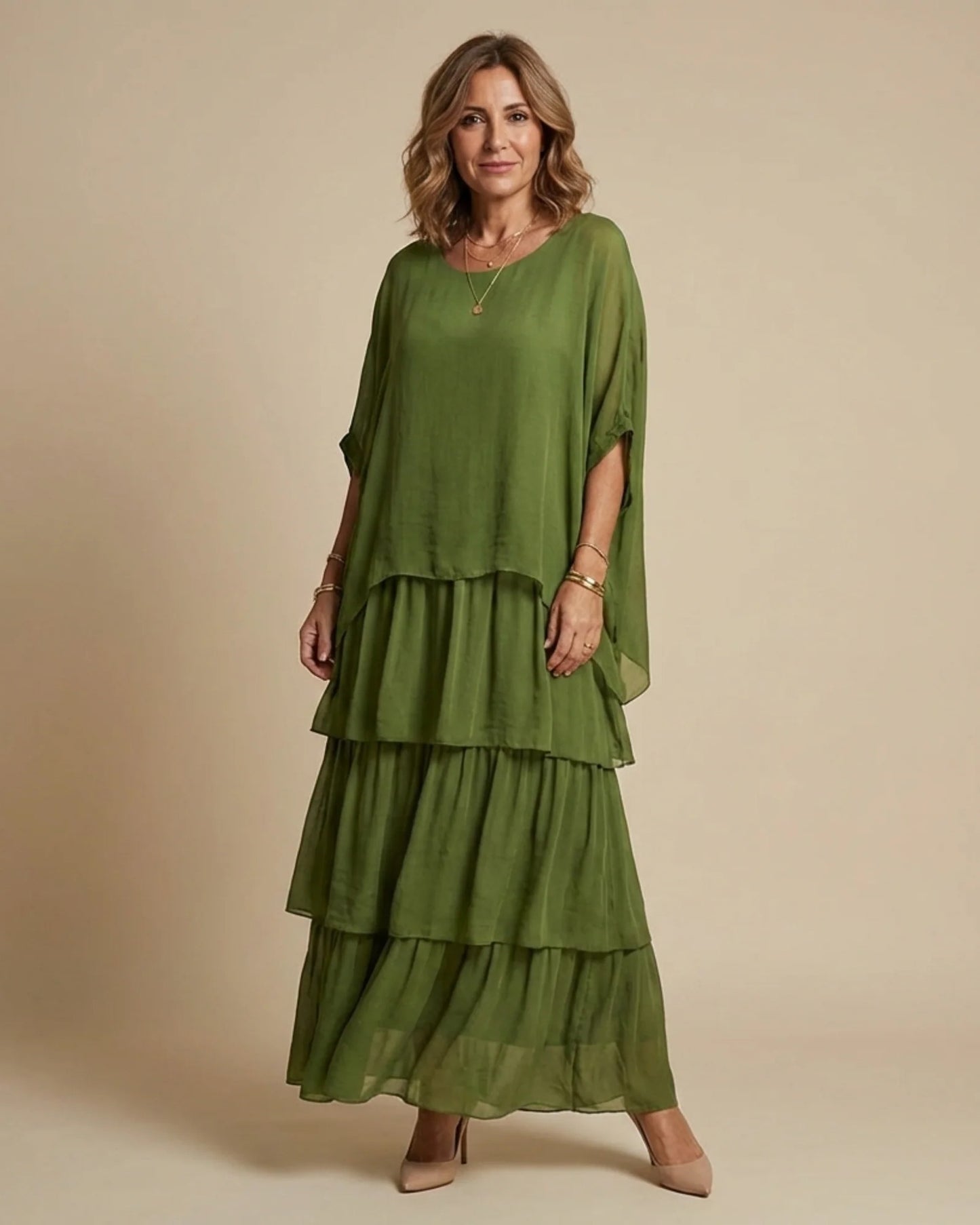 Reinette Dames Maxi Jurk | Gelaagde Rok | Vleermuismouwen
