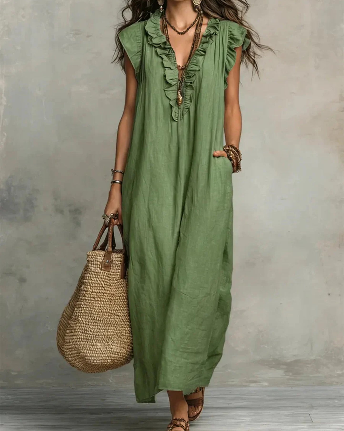 Lucette Dames Maxi Jurk | V-Hals | Ruches Detail