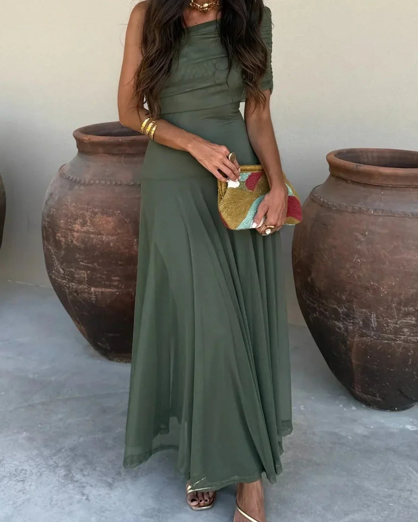 Lorène Women's Maxi Dress | One Shoulder | Pleated Top