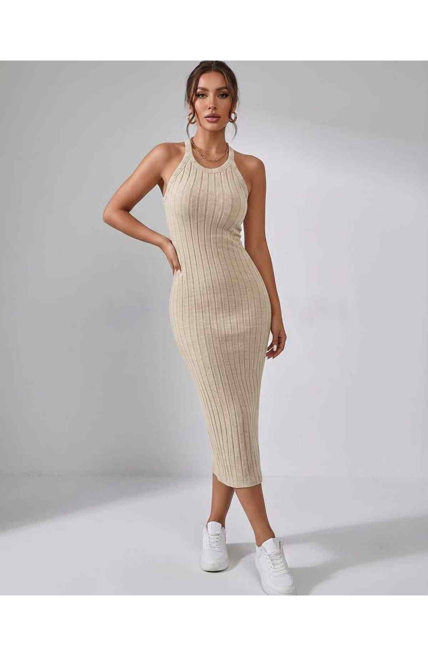 Jordane Dames Midi Jurk | Geribbeld | Mouwloos