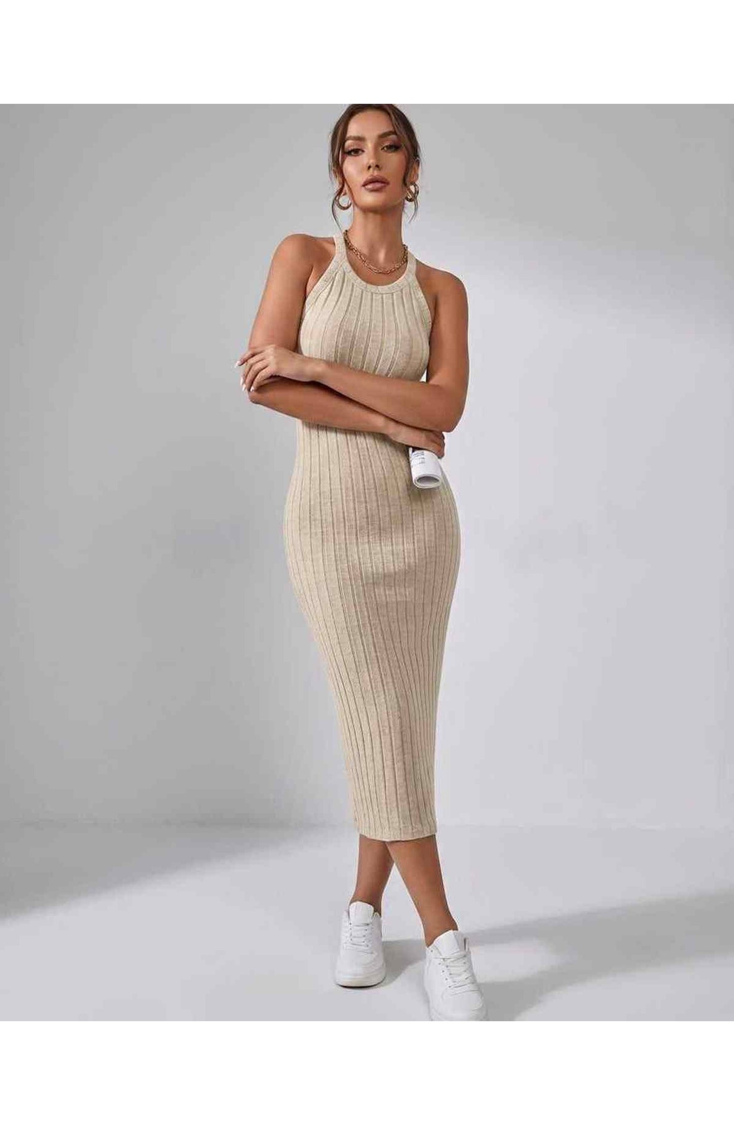 Jordane Dames Midi Jurk | Geribbeld | Mouwloos