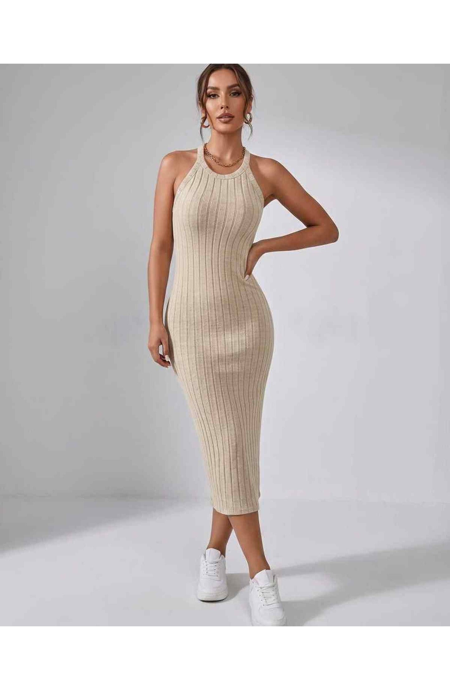 Jordane Dames Midi Jurk | Geribbeld | Mouwloos