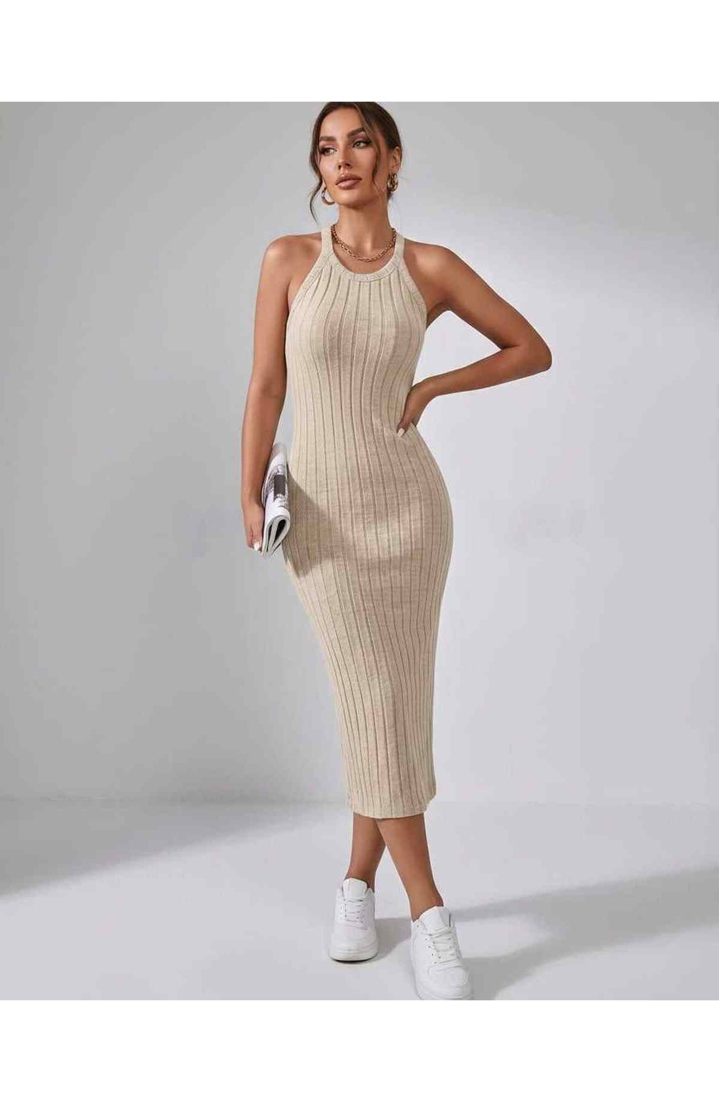 Jordane Dames Midi Jurk | Geribbeld | Mouwloos