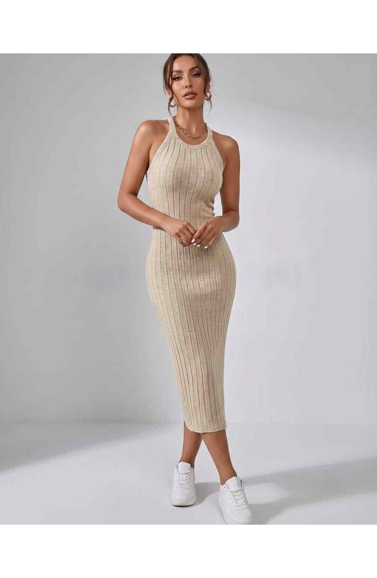 Jordane Dames Midi Jurk | Geribbeld | Mouwloos