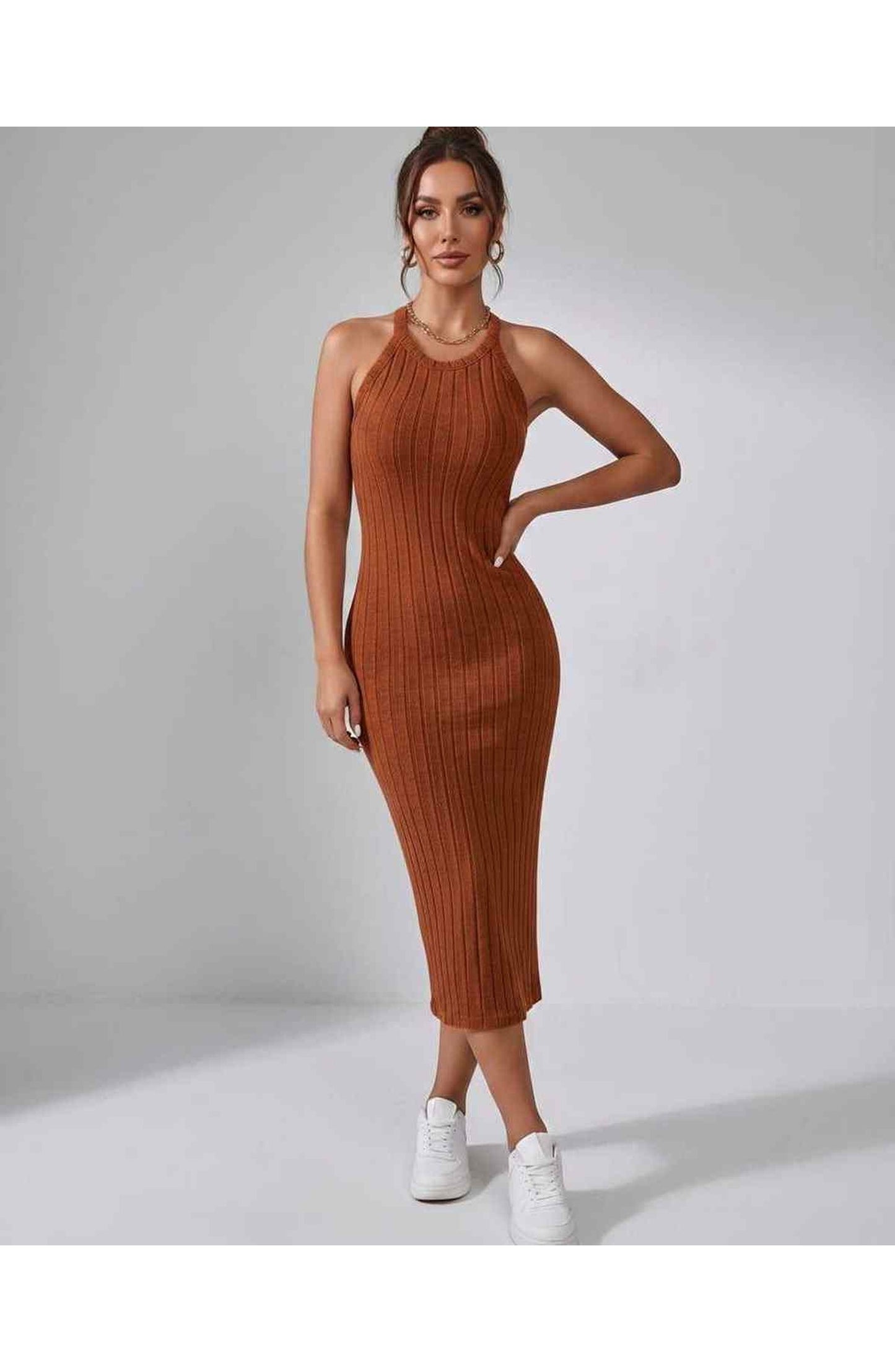 Jordane Dames Midi Jurk | Geribbeld | Mouwloos