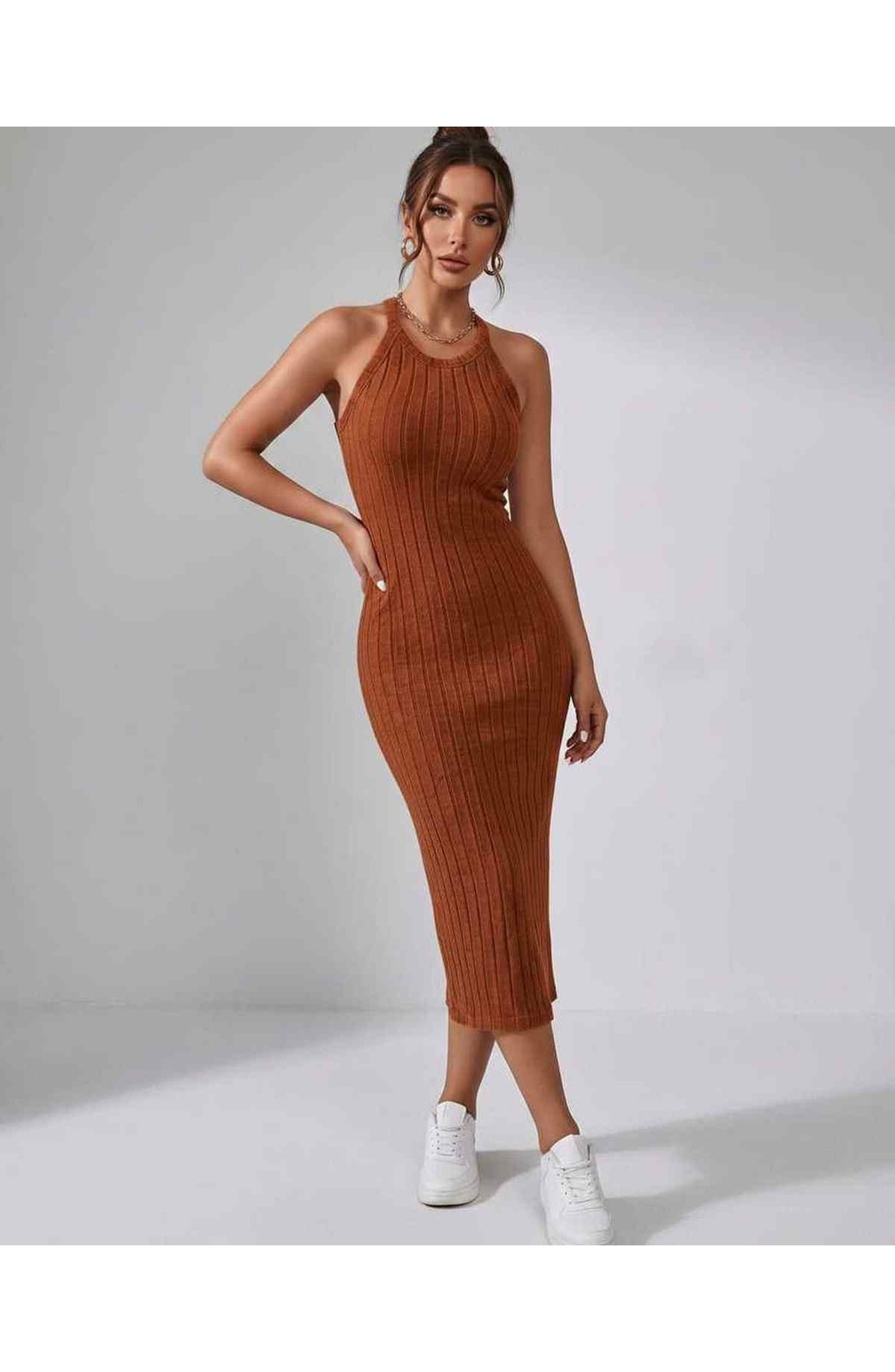 Jordane Dames Midi Jurk | Geribbeld | Mouwloos