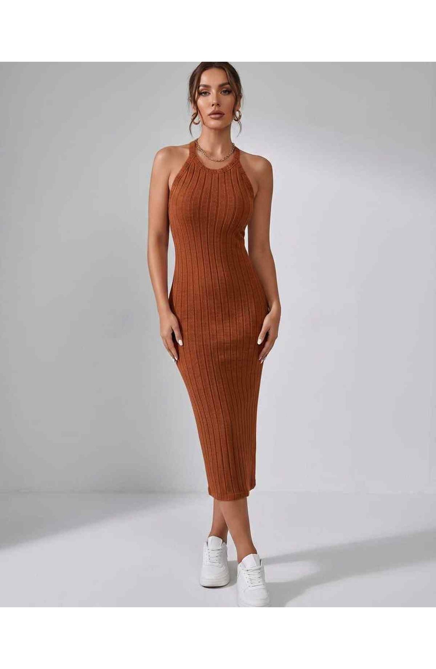 Jordane Dames Midi Jurk | Geribbeld | Mouwloos
