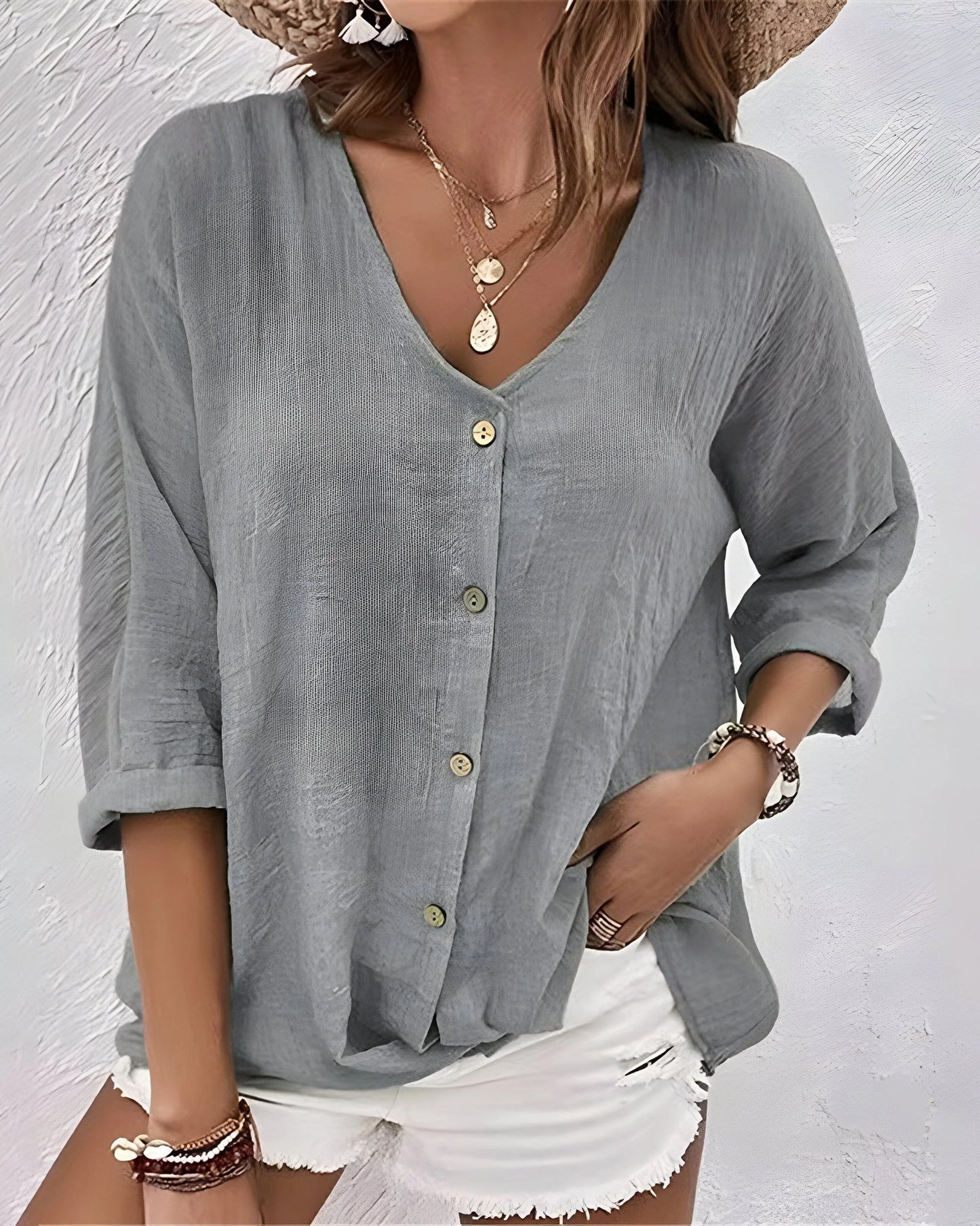 Anicette Ladies Top | Linen Look V-Neck | Button-fastening & 3/4 Sleeves