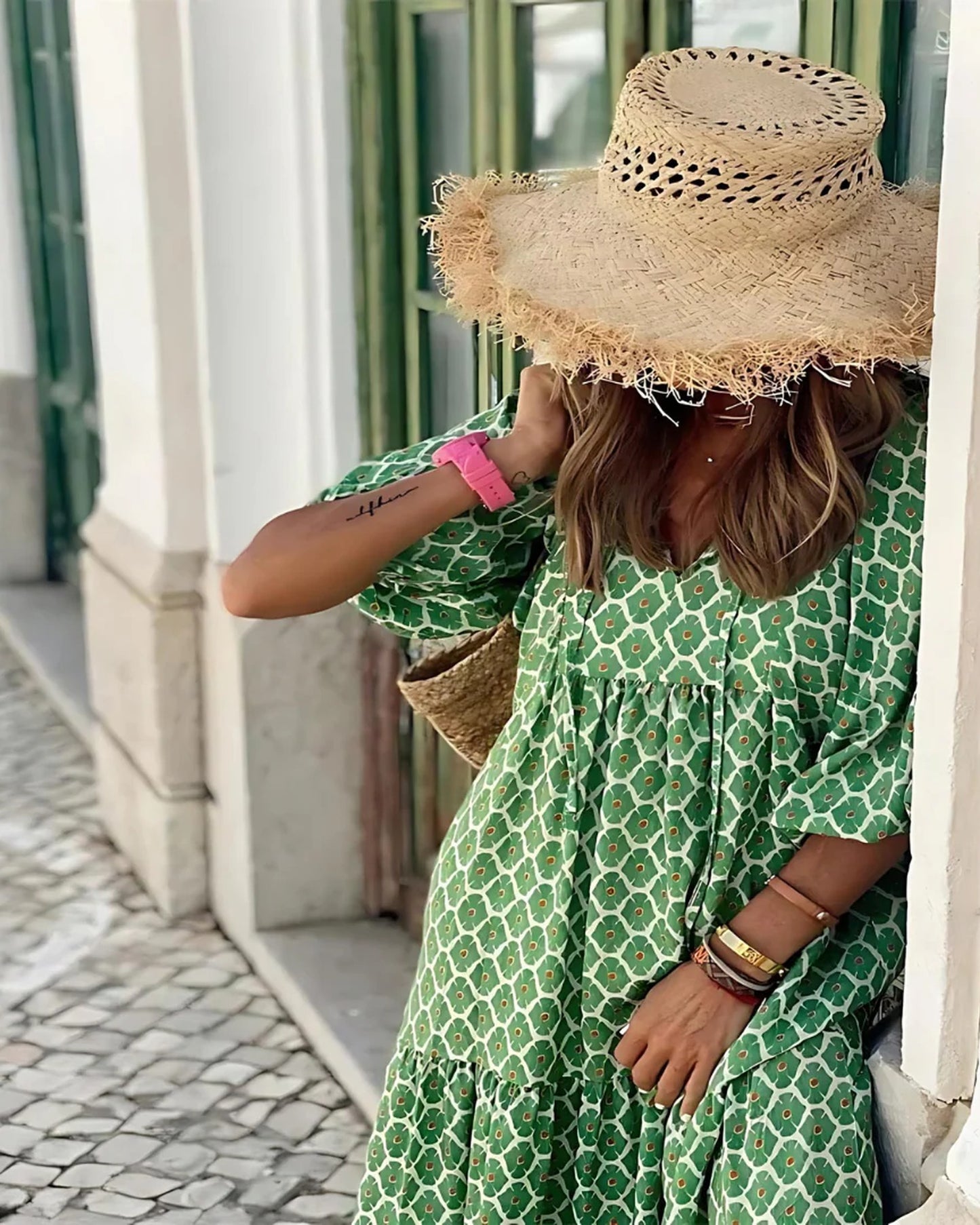 Appoline Dames Midi Jurk | Geometrisch Patroon | Asymmetrische Zoom