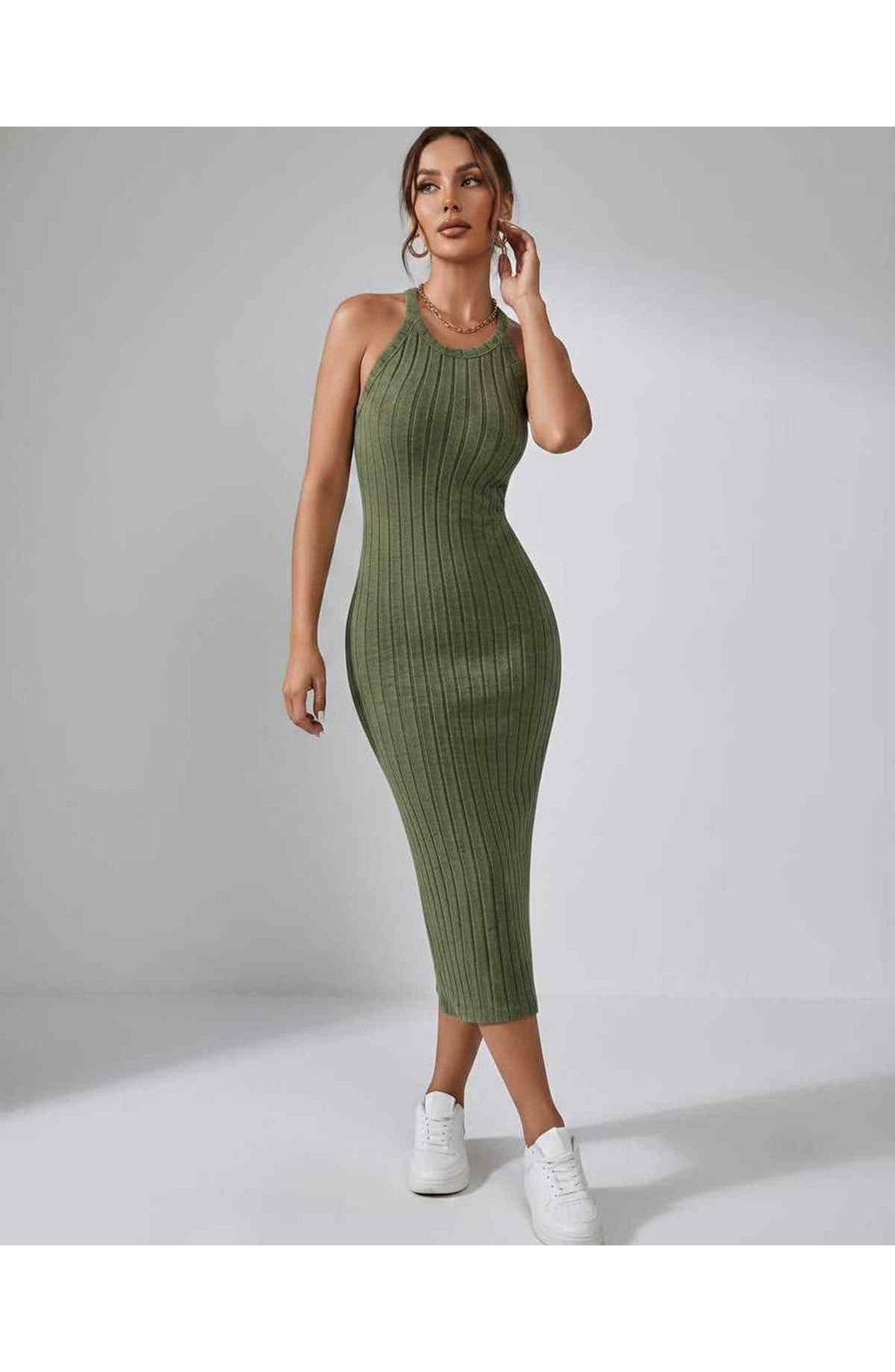 Jordane Dames Midi Jurk | Geribbeld | Mouwloos