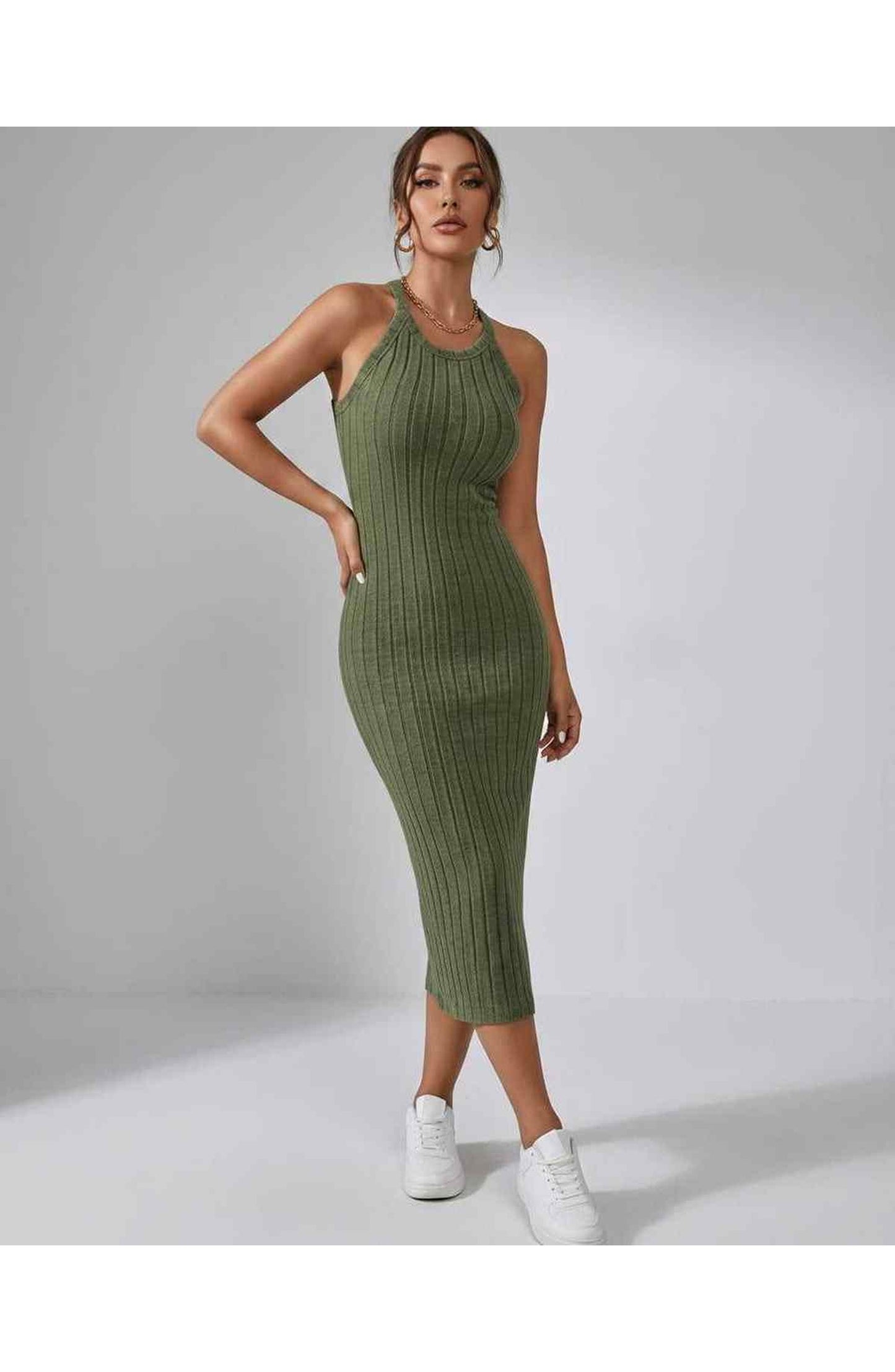Jordane Dames Midi Jurk | Geribbeld | Mouwloos