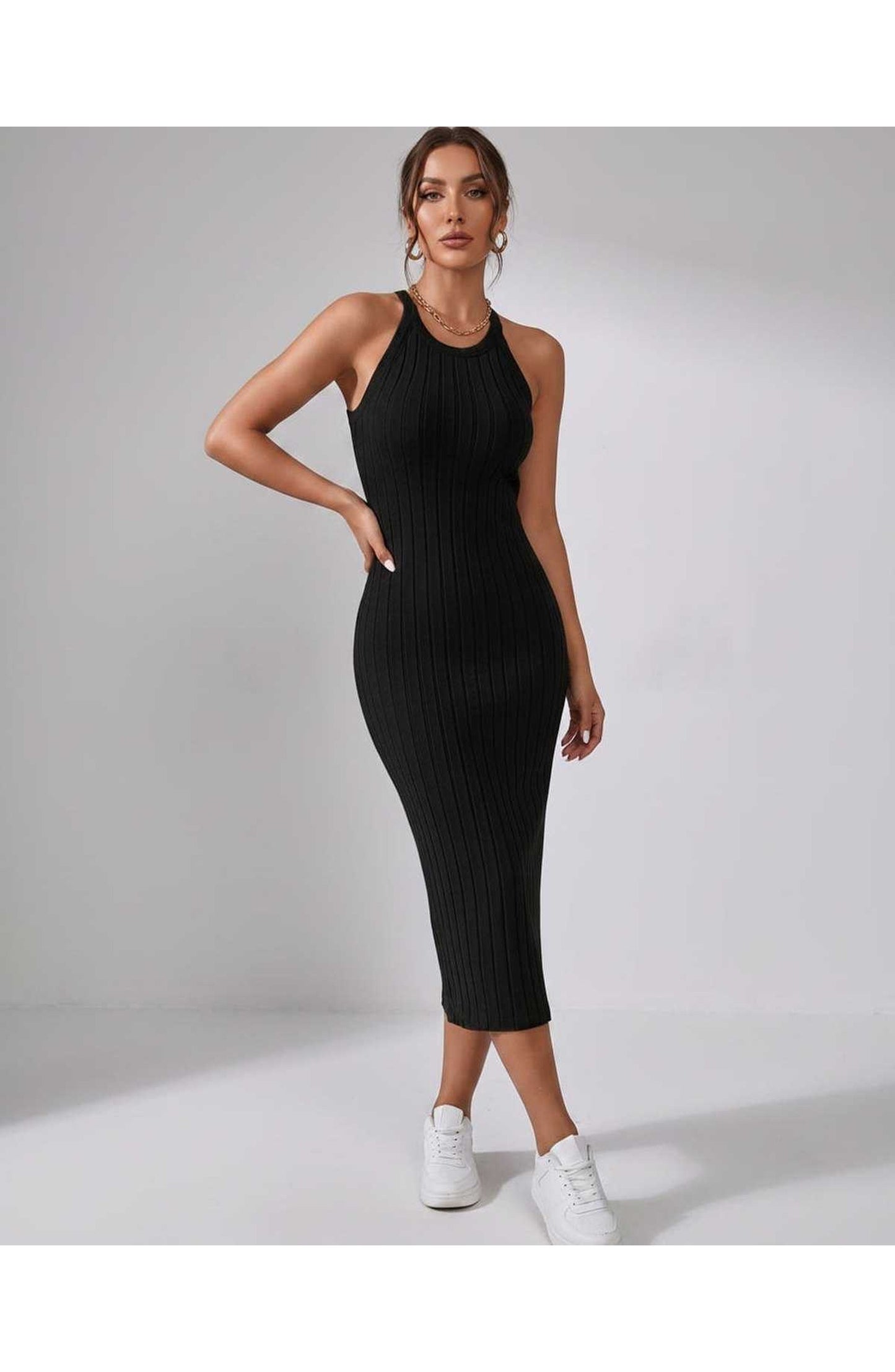 Jordane Dames Midi Jurk | Geribbeld | Mouwloos