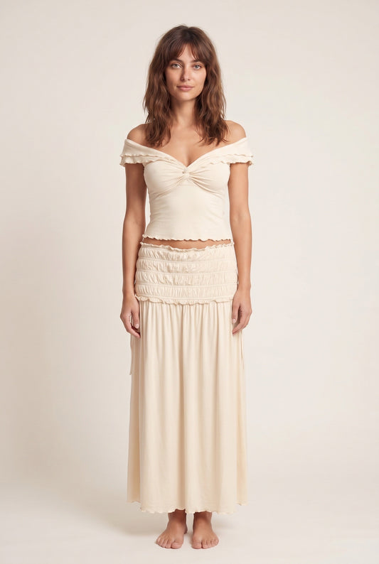 Women's Dress | Off-Shoulder Crop Top & Ruched Skirt | Cream Co-Ord Set