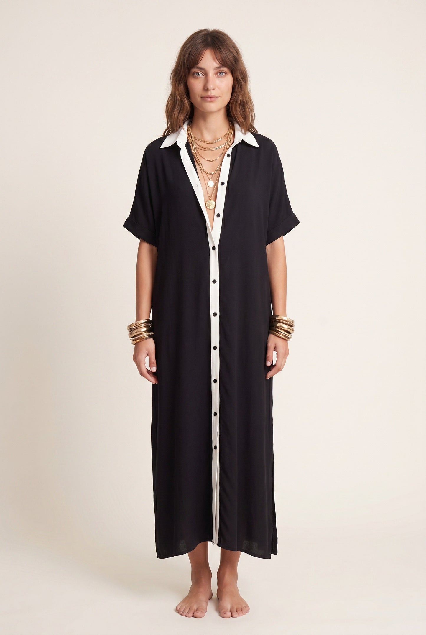 Georgette Dames Midi Jurk | Knoopsluiting | Korte Mouwen