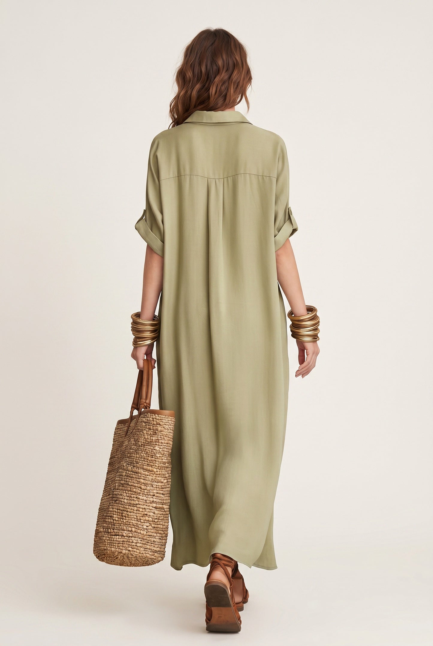 Georgette Dames Midi Jurk | Knoopsluiting | Korte Mouwen