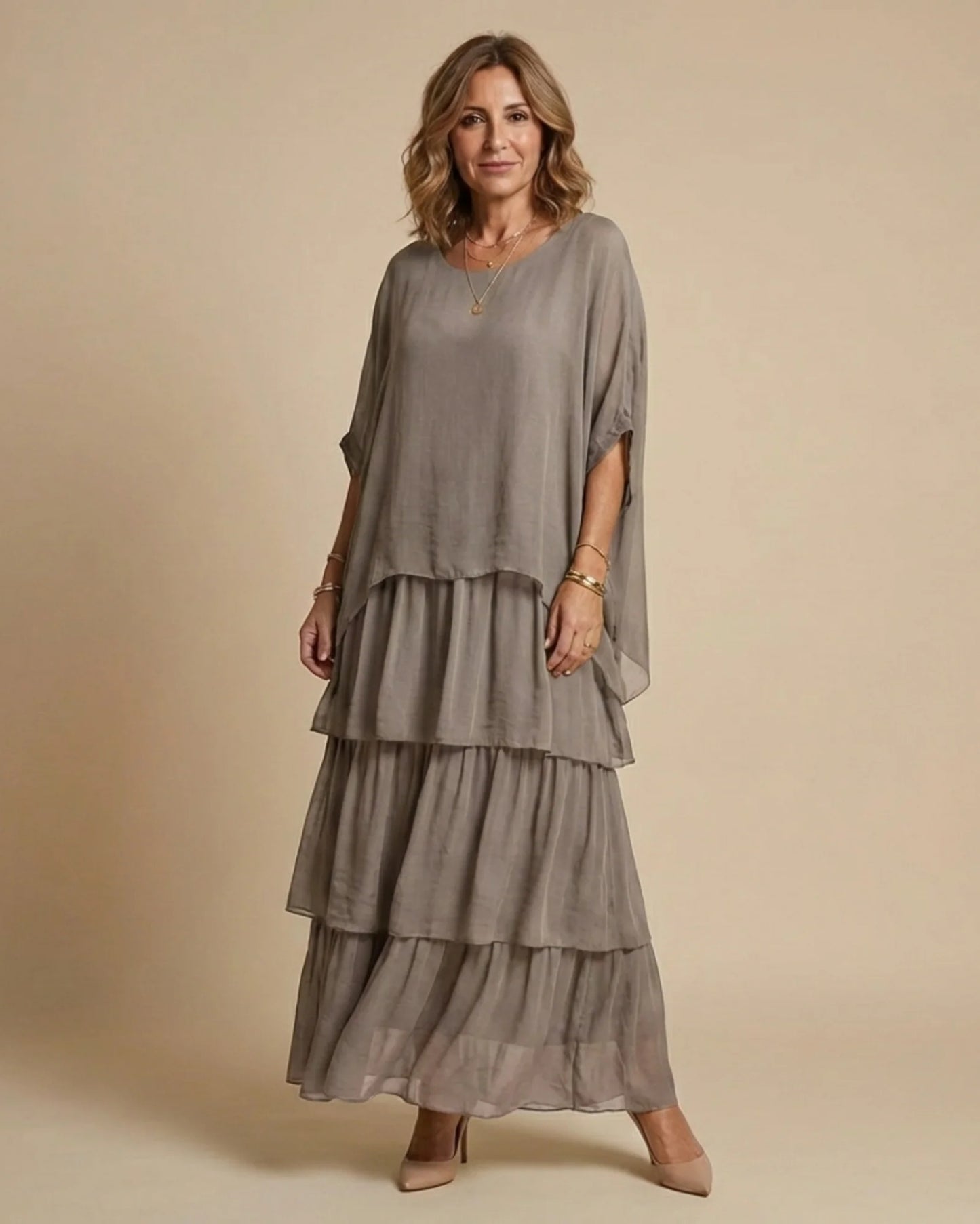 Reinette Dames Maxi Jurk | Gelaagde Rok | Vleermuismouwen