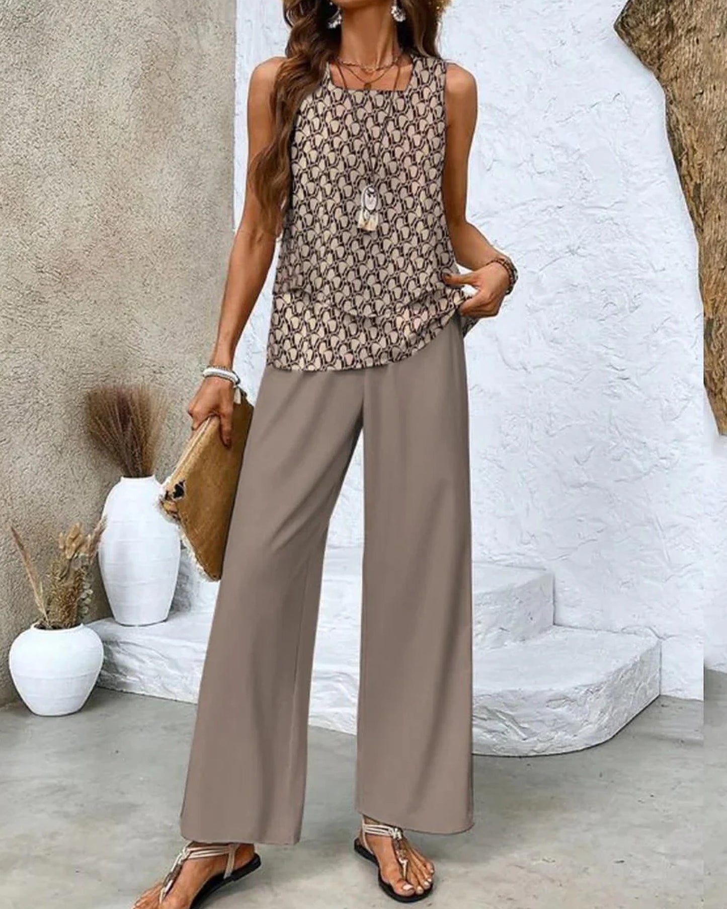 Circé Ladies Co-ord Set | Double Layer Top | Wide-Leg Palazzo Trousers