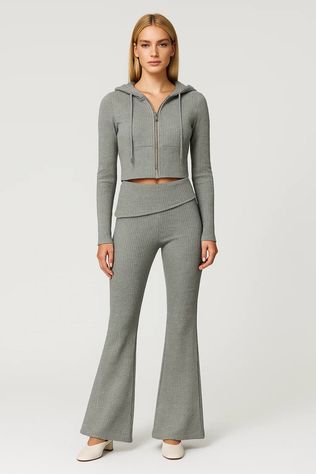 Tiziana Co Ord Set Dames | Cropped Top | Flared Broek | Geribde Structuur 0