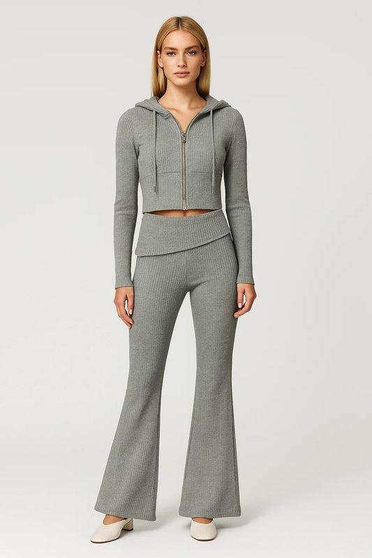 Tiziana Co Ord Set Dames | Cropped Top | Flared Broek | Geribde Structuur 0