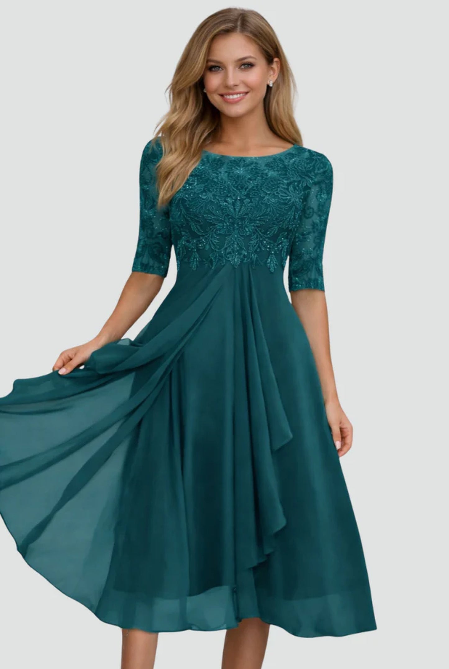 Adélie Dame Midi Kjole | Blonde Overlay Overdel | Udsvingende Chiffon Nederdel