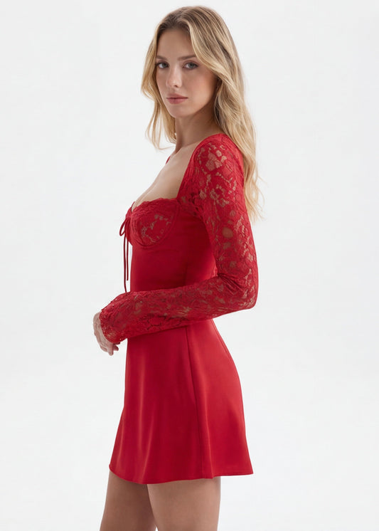 Viviana Dames Mini Jurk | Getailleerd | Met Kanten Mouwen | Strikdetail 1