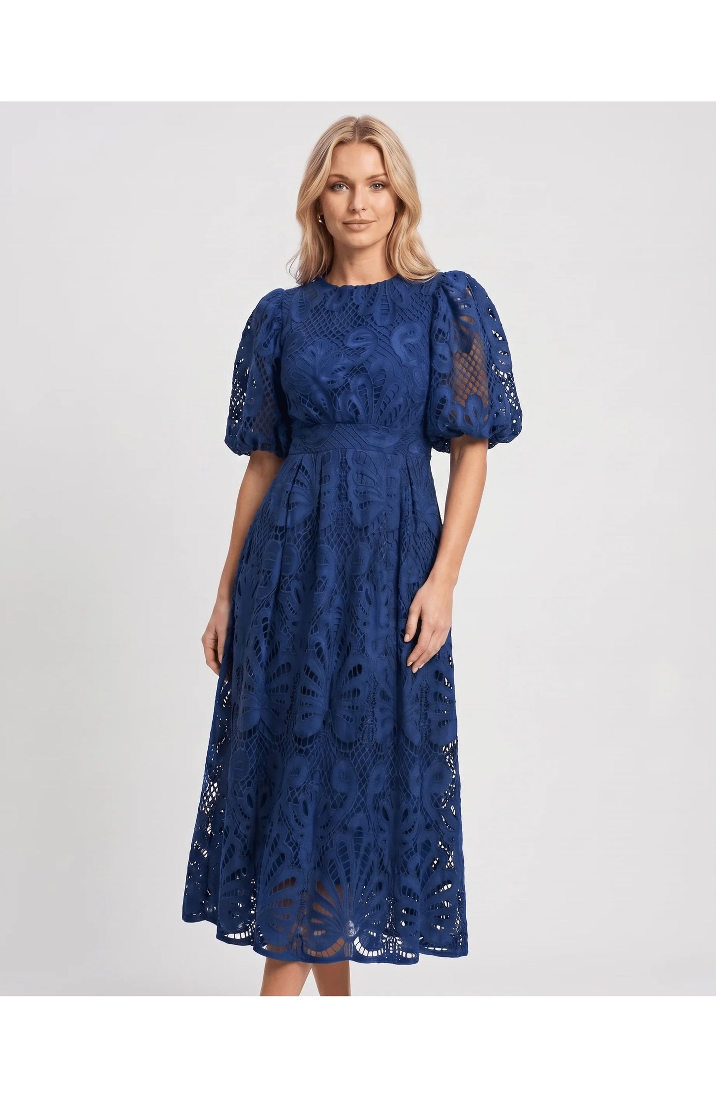 Clarisse Dames Midi Jurk | Pofmouwen | Kantdetail