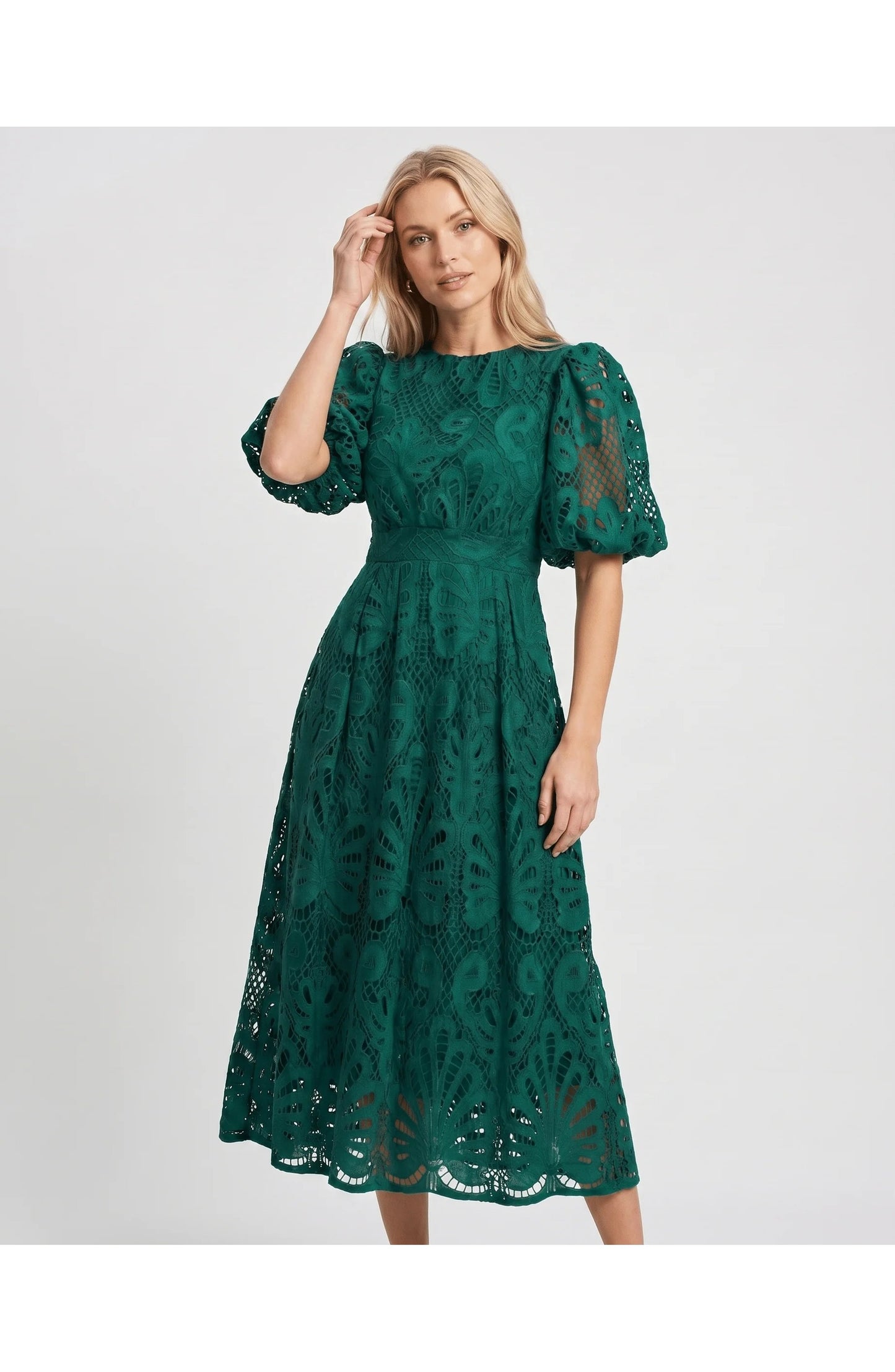 Clarisse Dames Midi Jurk | Pofmouwen | Kantdetail