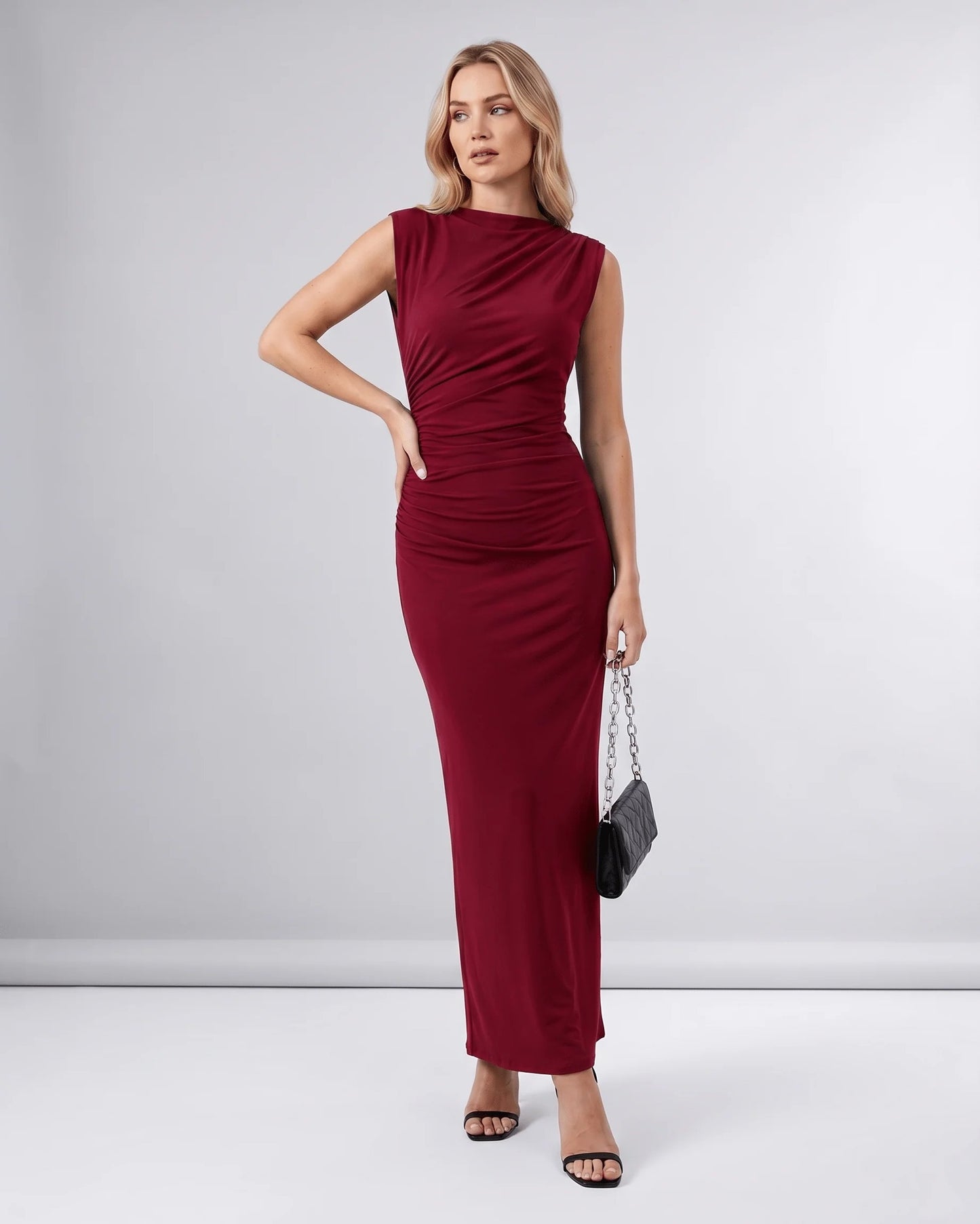 Martine Dames Midi Jurk | Gedrapeerde Taille | Ronde Halslijn