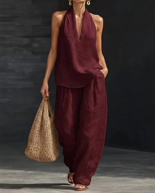 Pénélope-Lidie Women's Co-Ord Set | Halter-neck Top | Wide Palazzo Trousers