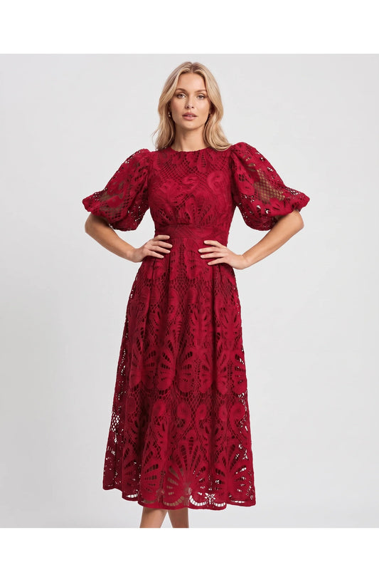 Clarisse Women's Midi Dress | Puff Sleeves | Lace Detail