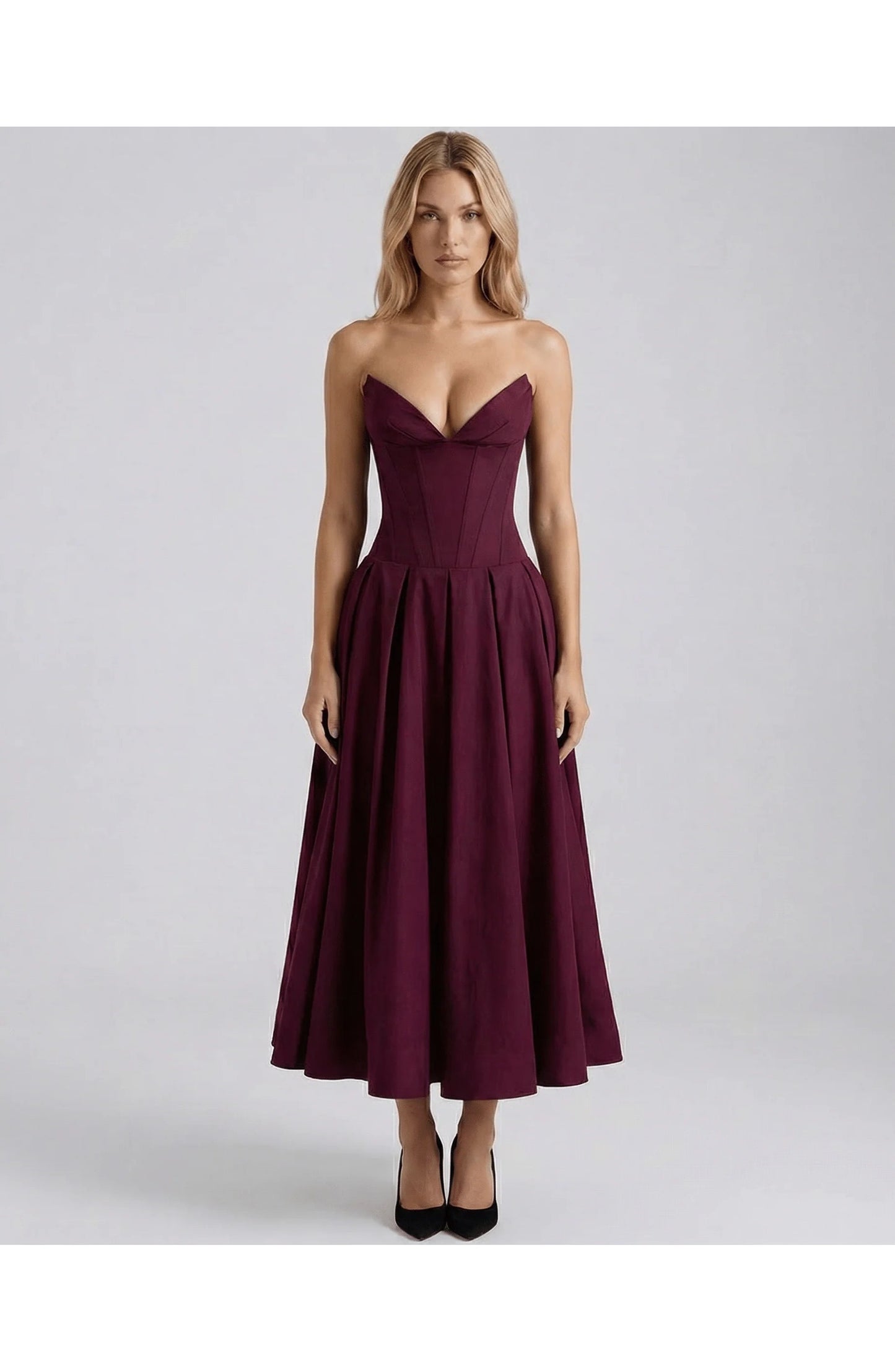 Oriane Women's Midi Dress | Strapless Sweetheart Neckline | Flared Pleated Skirt