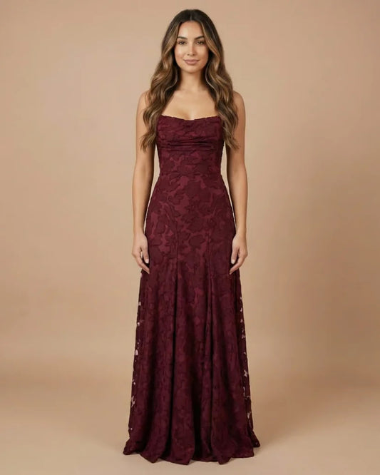 Mégane Women's Maxi Dress | Crossed Back Straps | Lace A-Line