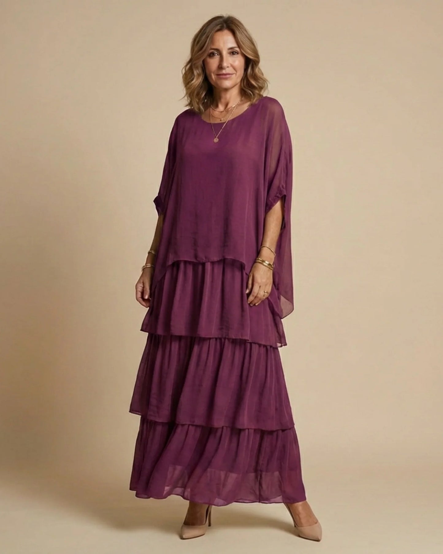Reinette Dames Maxi Jurk | Gelaagde Rok | Vleermuismouwen