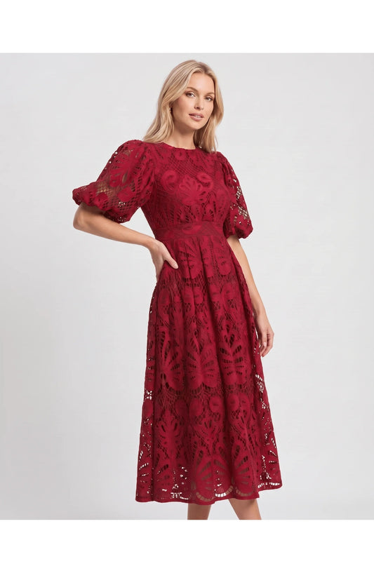 Clarisse Women's Midi Dress | Puff Sleeves | Lace Detail