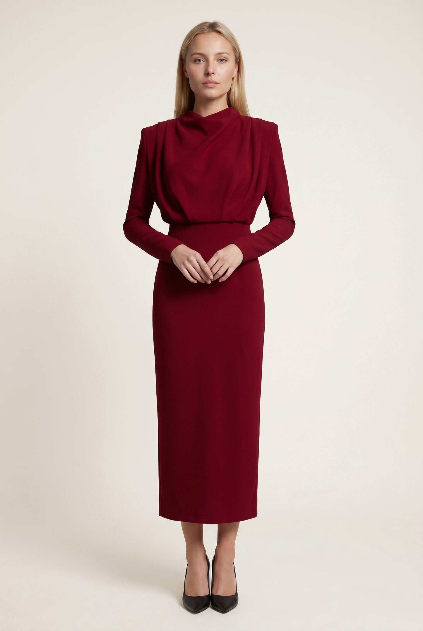 Norma Dames Midi Jurk | Hoge Hals | Gedrapeerd Design