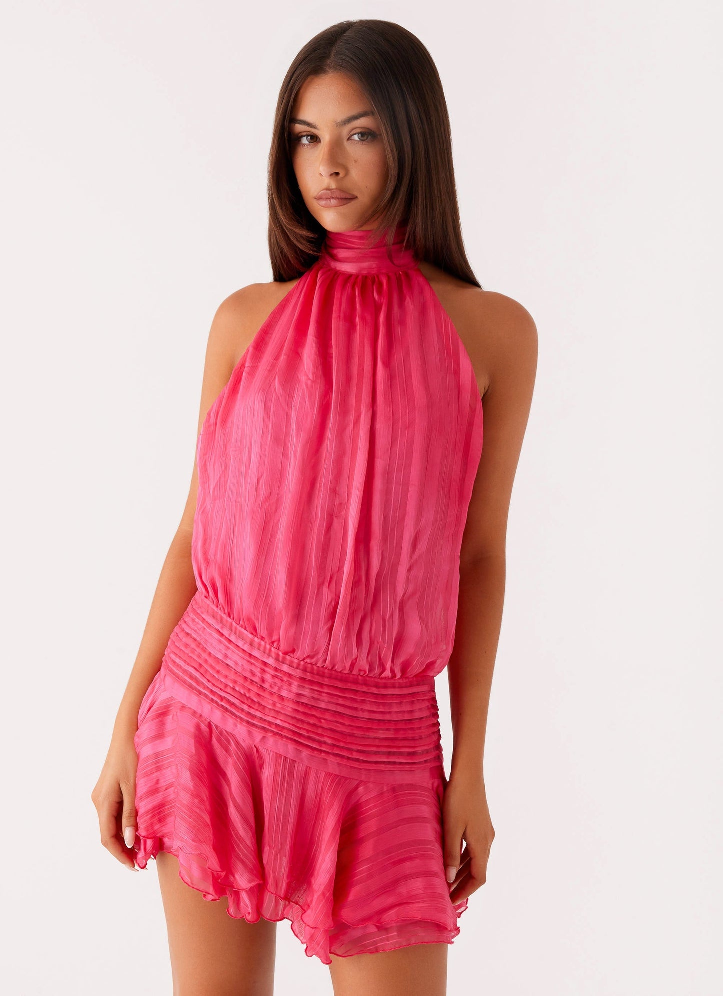 Isadora Chiffon Mini-jurk | Fuchsia Halternek met Gelaagde Rok 4