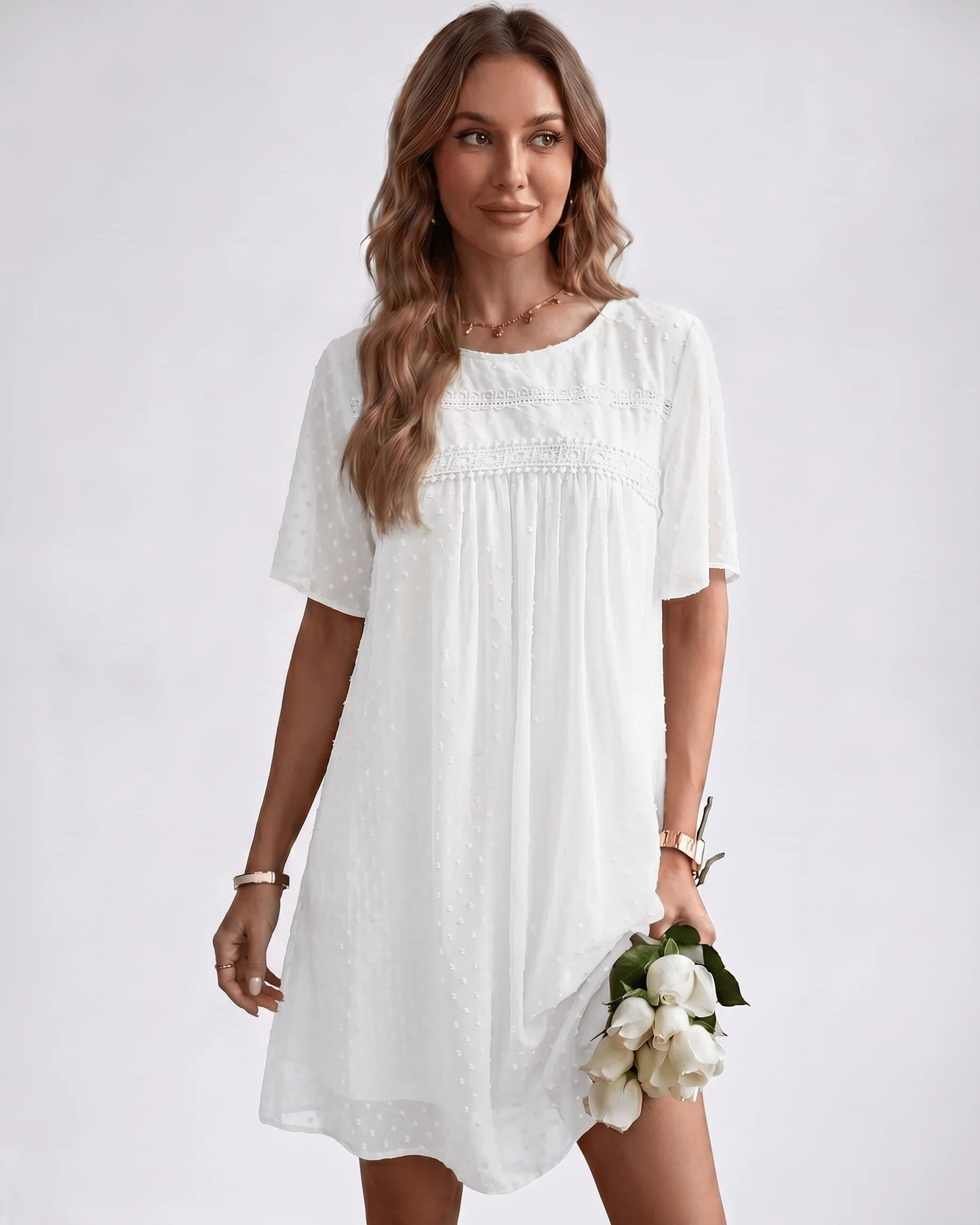 Victoire Ladies Mini Dress | Embroidered Details | Pleated Bodice