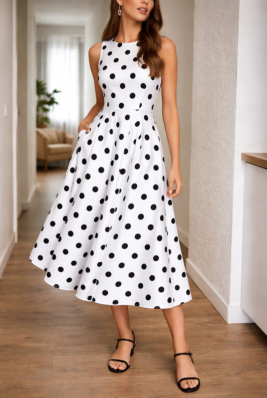 Humbertine Dames Midi Jurk | Polkadot Print | Wijd Uitlopende Rok