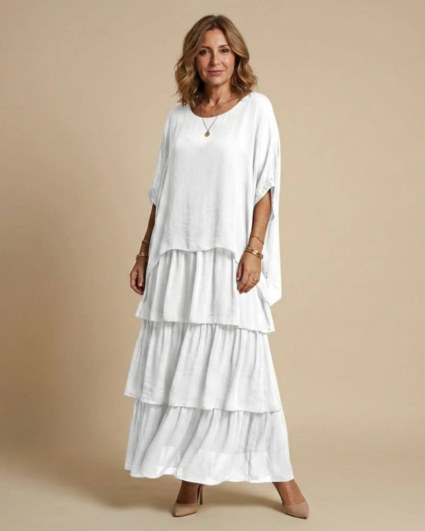 Reinette Dames Maxi Jurk | Gelaagde Rok | Vleermuismouwen