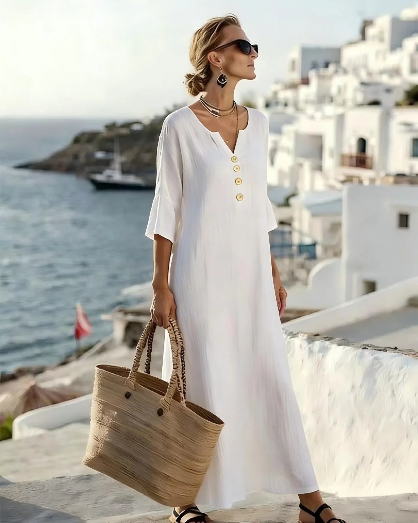Priscille Dames Midi Jurk | V-Hals met Knopen | Driekwart Mouwen