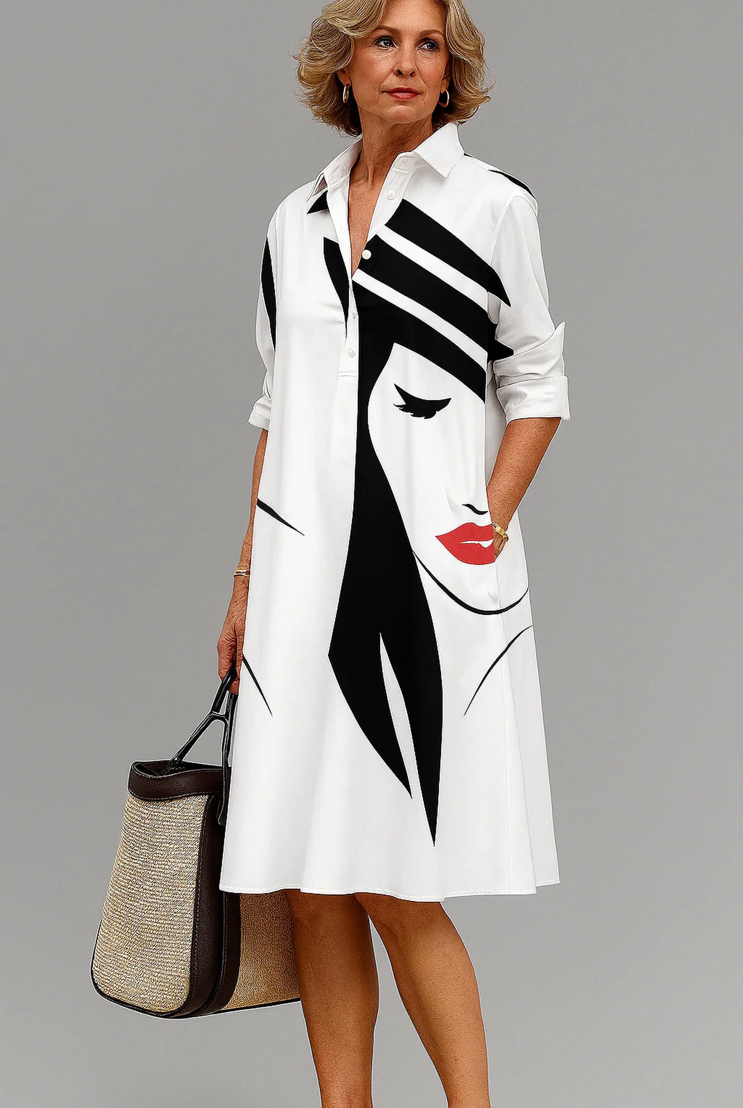 Ysabelle Dames Midi Jurk | Abstract Gezichtsprint | Overhemdkraag