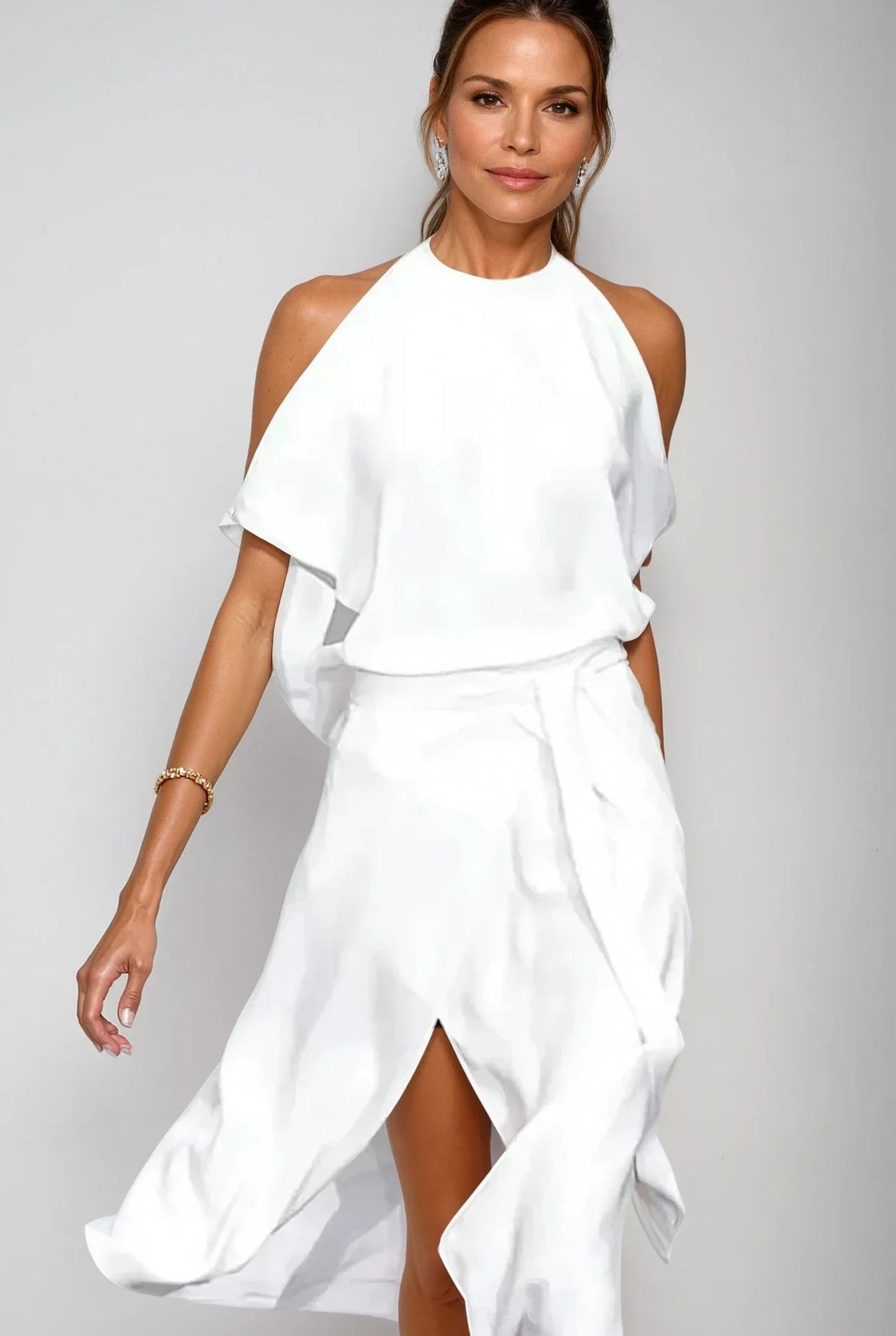 Linette Dames Midi Jurk | Cold-shoulder Mouwen | Asymmetrische Split