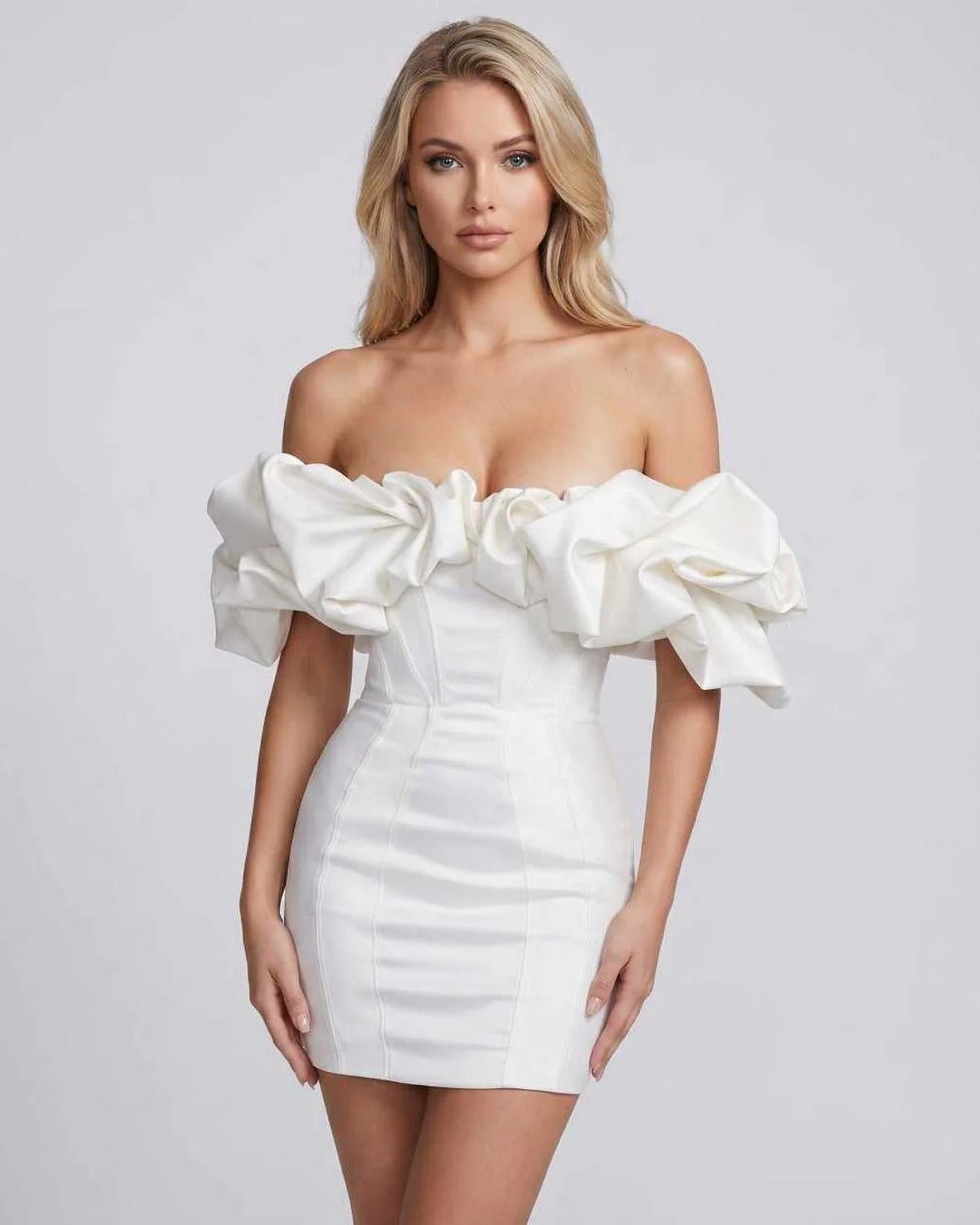 Lyse Dames Mini Jurk | Off-Shoulder Pofmouwen | Strakke Bodycon Pasvorm