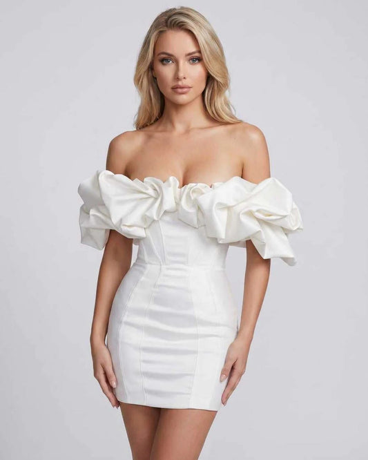 Lyse Dames Mini Jurk | Off-Shoulder Pofmouwen | Strakke Bodycon Pasvorm