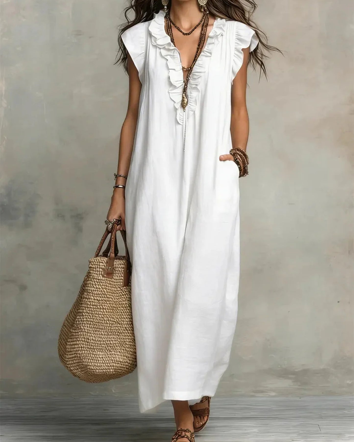 Lucette Dames Maxi Jurk | V-Hals | Ruches Detail