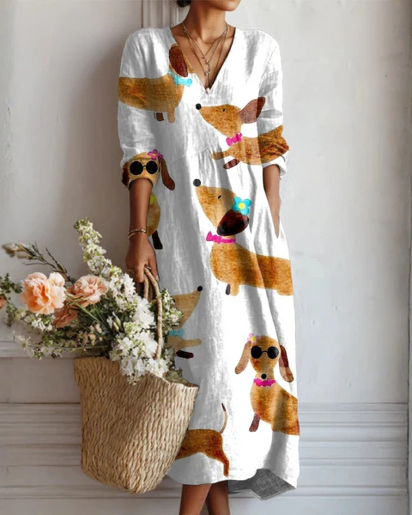 Adolphine Dame Midi Kjole | Blomsterprint | V-Hals med Knapper