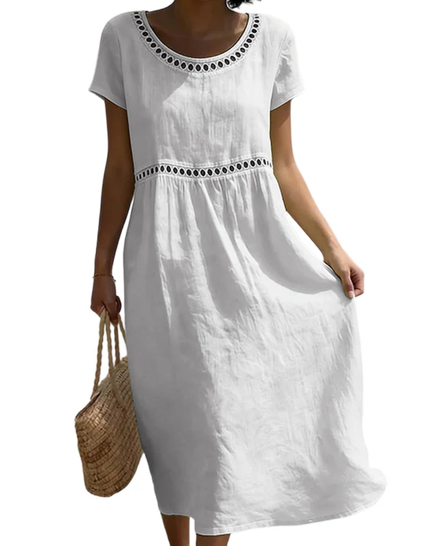 Sandrine-Joëlle Women's Midi Dress | Lace Neckline Detail | A-line Skirt