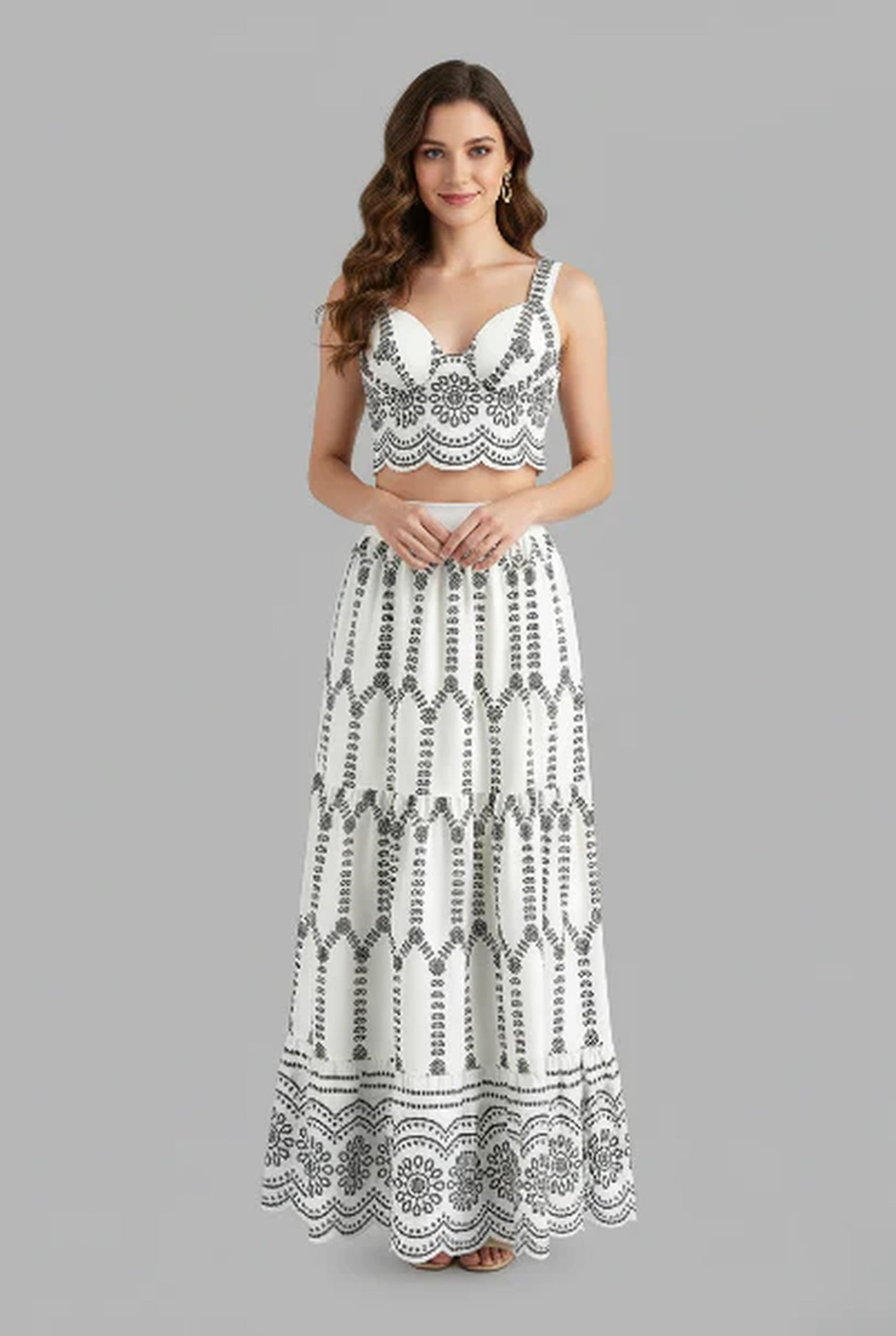 Women's Co-ord Set | Crop Top Bustier | Embroidered Shell Edge