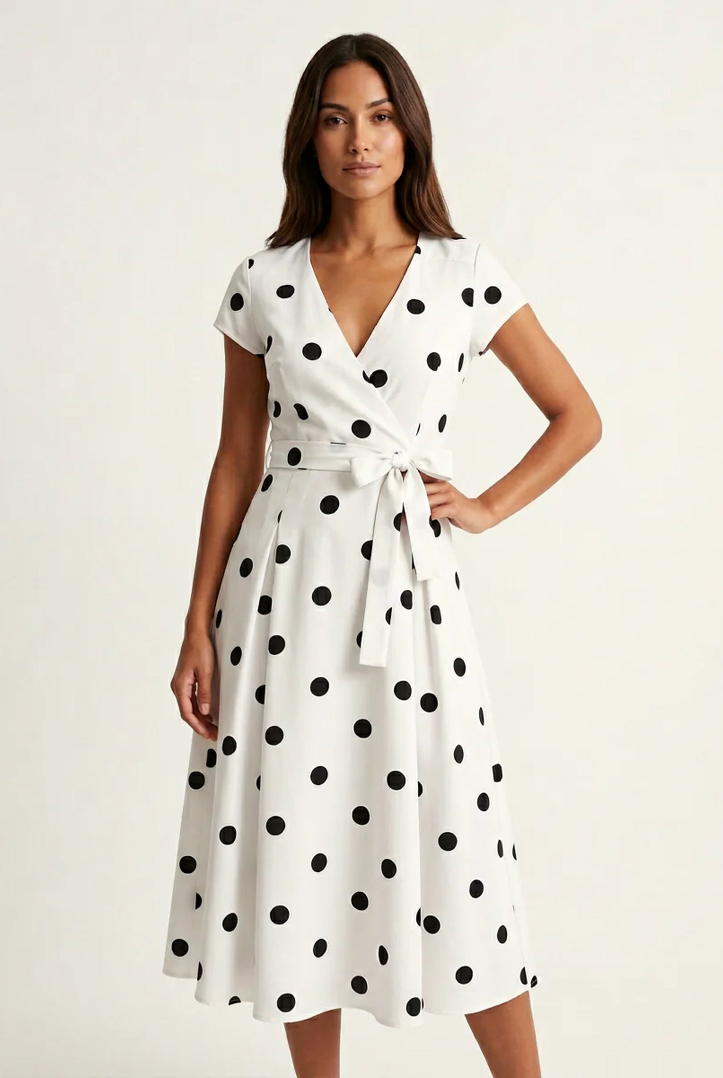 Fantine Dames Midi Jurk, Polkadot, V-Hals Wikkeldesign in Wit – productfoto