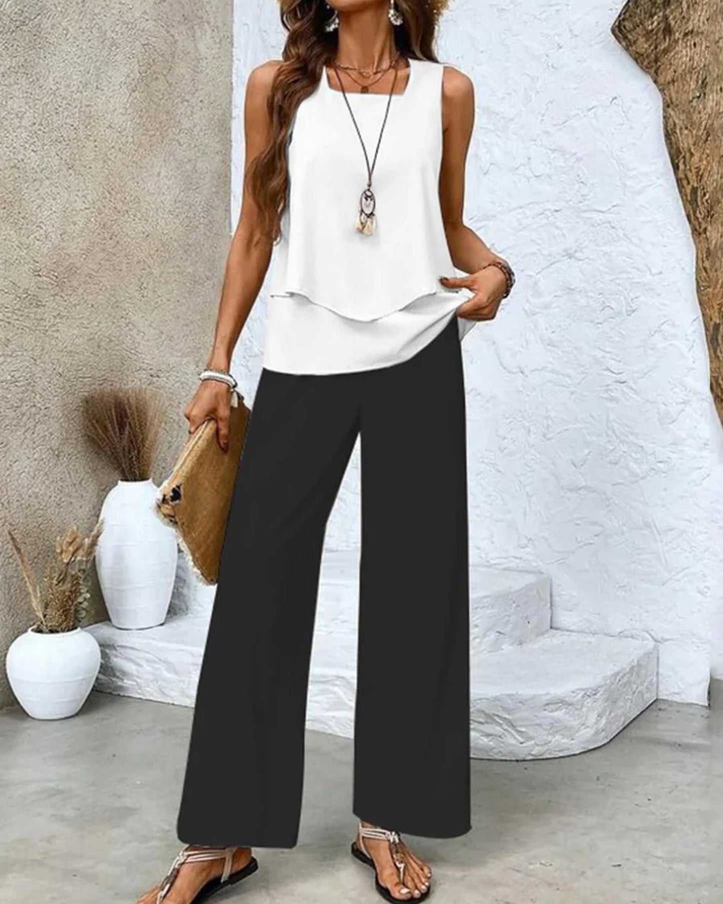 Circé Ladies Co-ord Set | Double Layer Top | Wide-Leg Palazzo Trousers